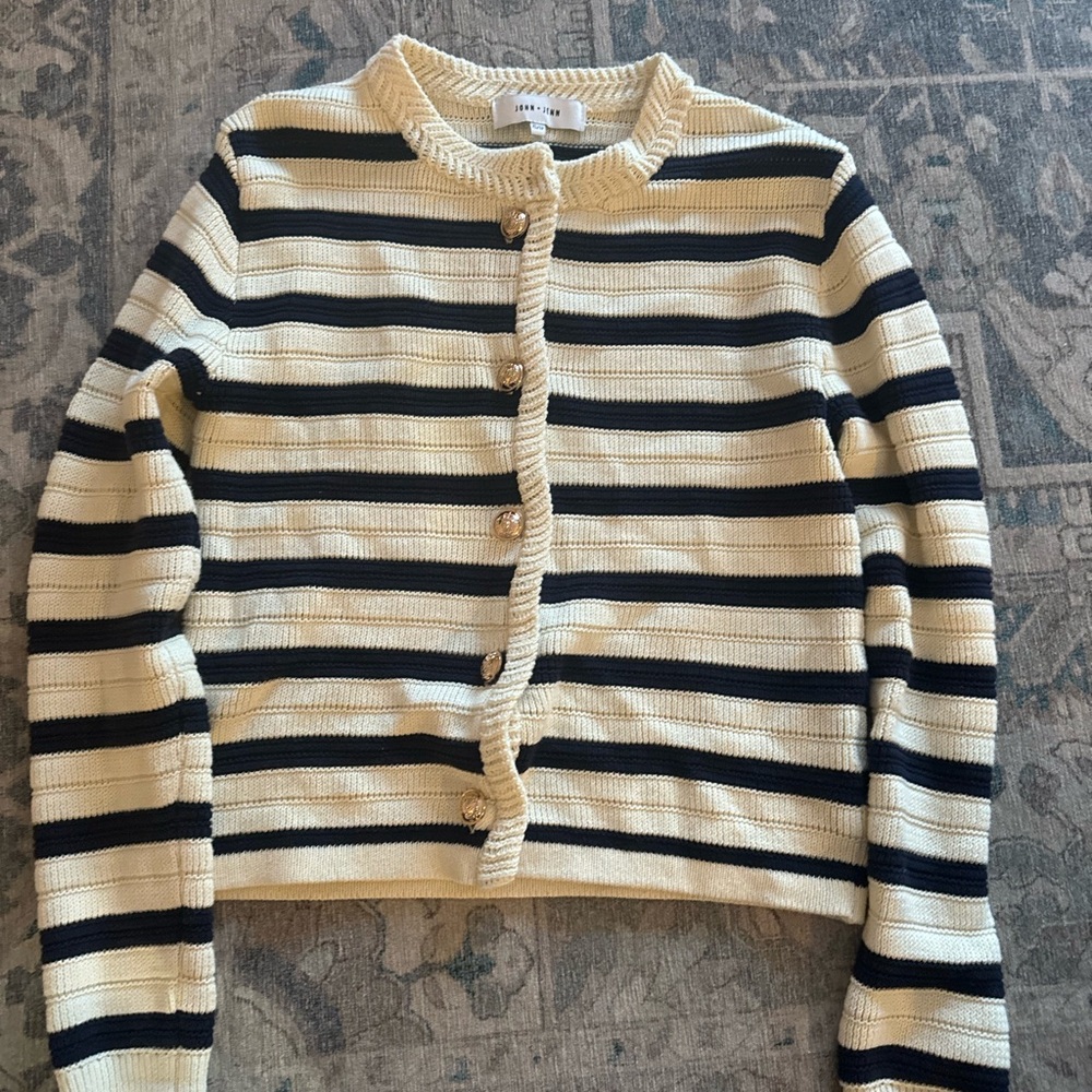 John and Jenn Striped Cardigan Sweater - Navy and Cream